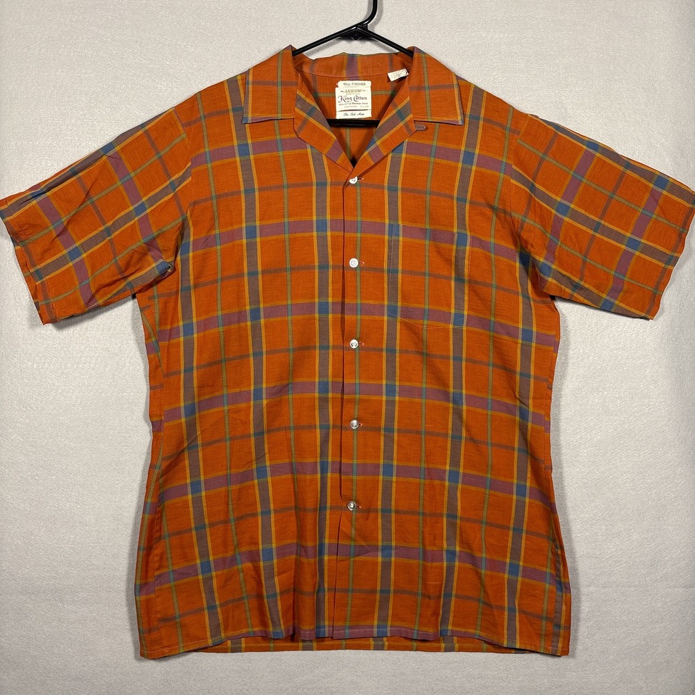 Vintage 60s Arrow King Cotton Shirt Mens 16.5/36 Tall Man Sanforized Plaid Loop